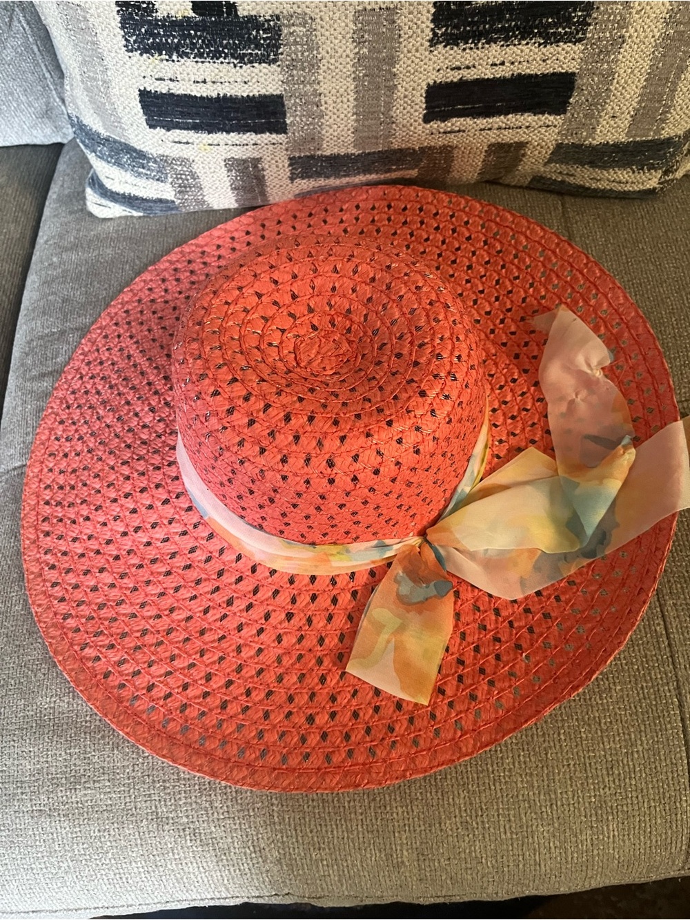 Women's Red Wide-Brim Straw Sun Hat with Floral Scarf Tie